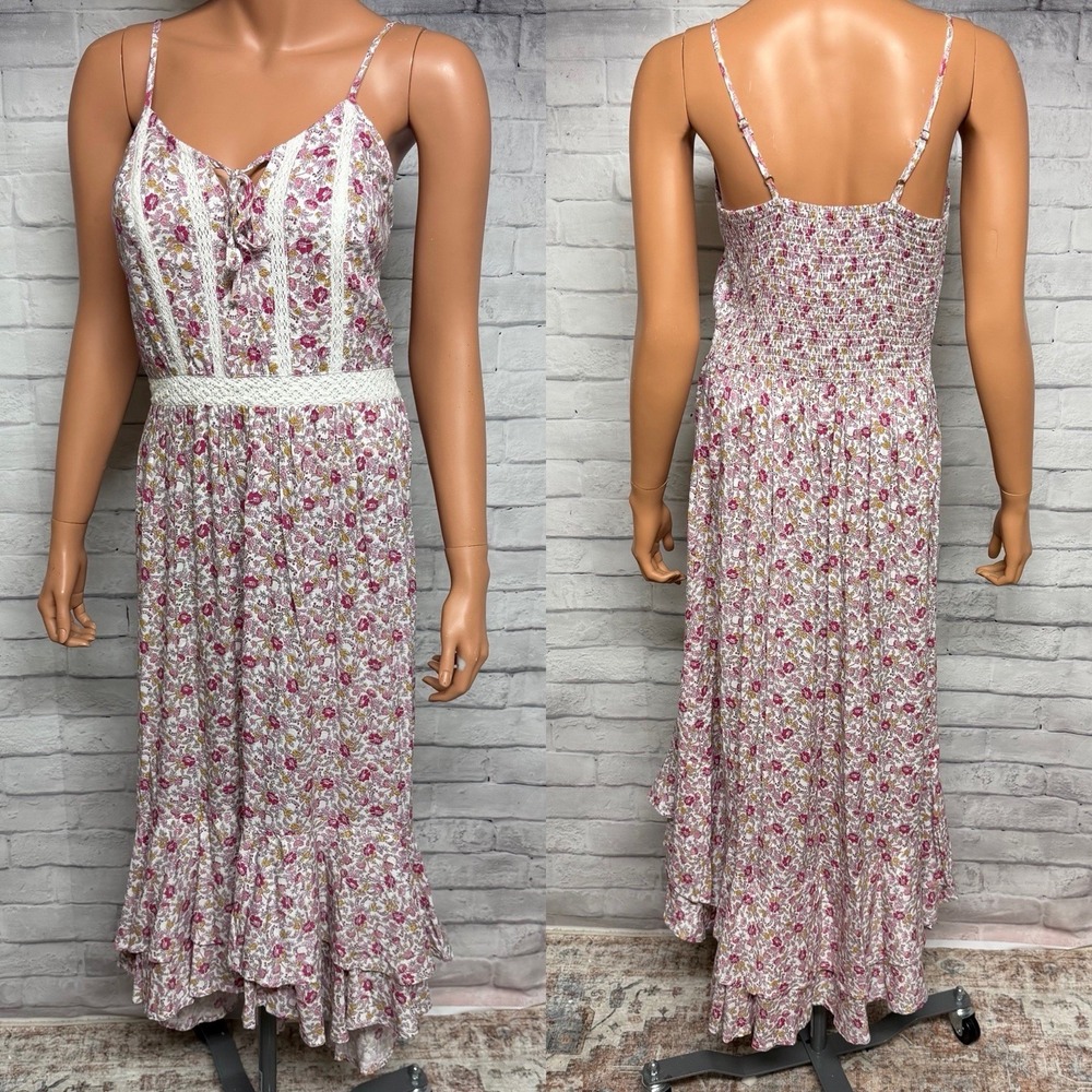 Japna Dress Medium‎ Pink Floral Tiered Halter Midi Cottagecore Romantic Prairie